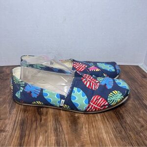 Toms Navy Blue Multi-color Leaf Canvas Slip On Flats Shoes Alpargata Women 9.5